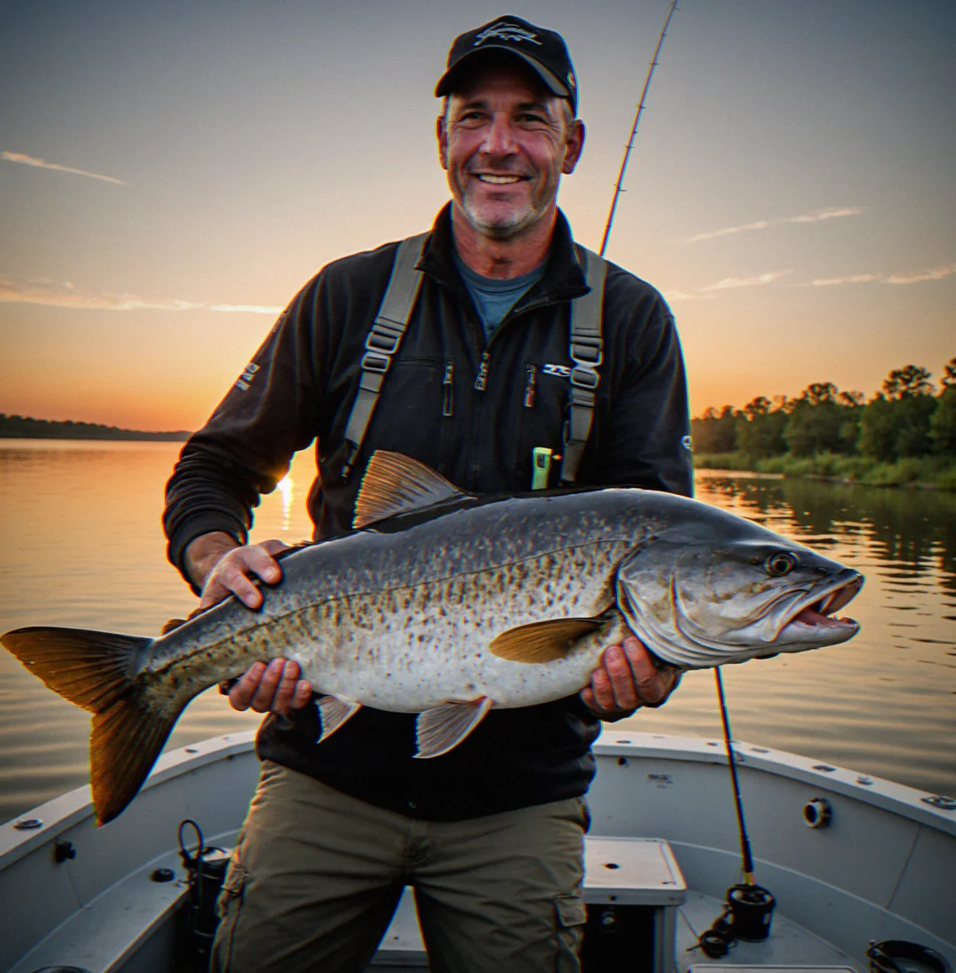 31-pound catfish caught at first light on a live shiner, 54-degree water, bottom depth recorded