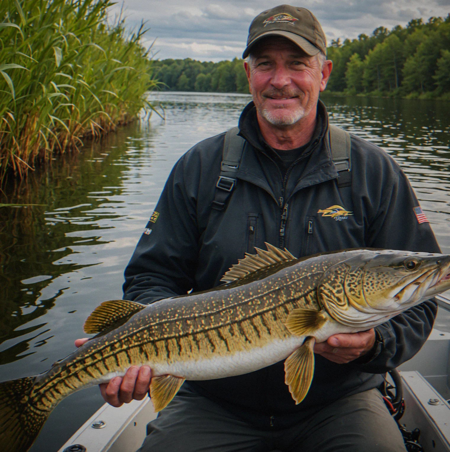 Angler holding a massive pike just over 40 inches that he pulled up near some weeds in pretty deep water