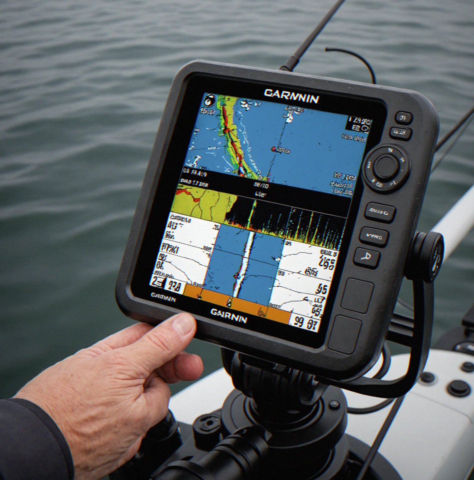 Garmin LiveScope sonar showing a pike just sitting there above a drop-off, real-time tracking and all