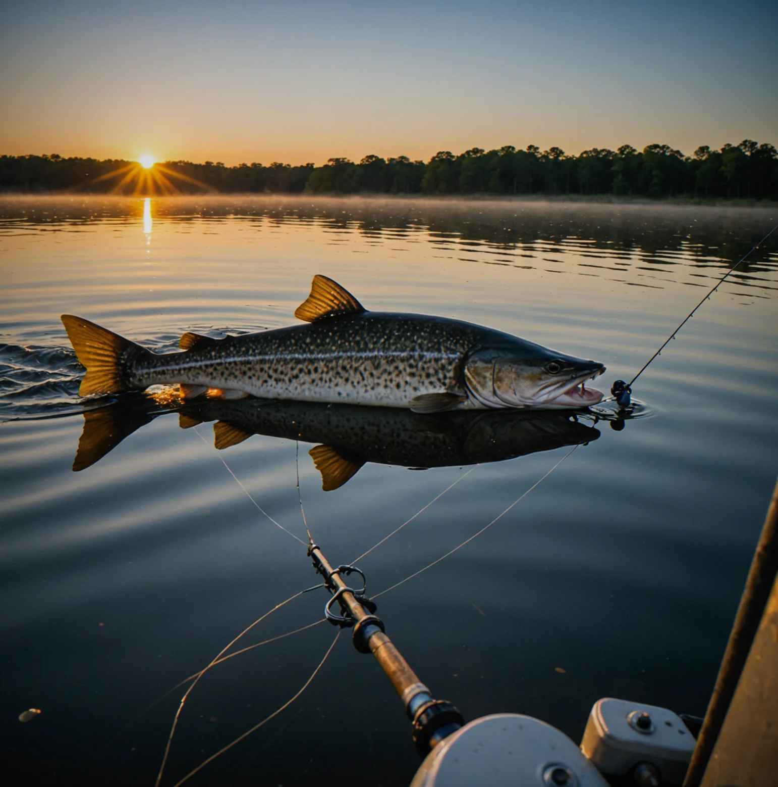 Catfish fishing at sunrise with live shiners as bait on the flats near a deep hole, barely any light yet
