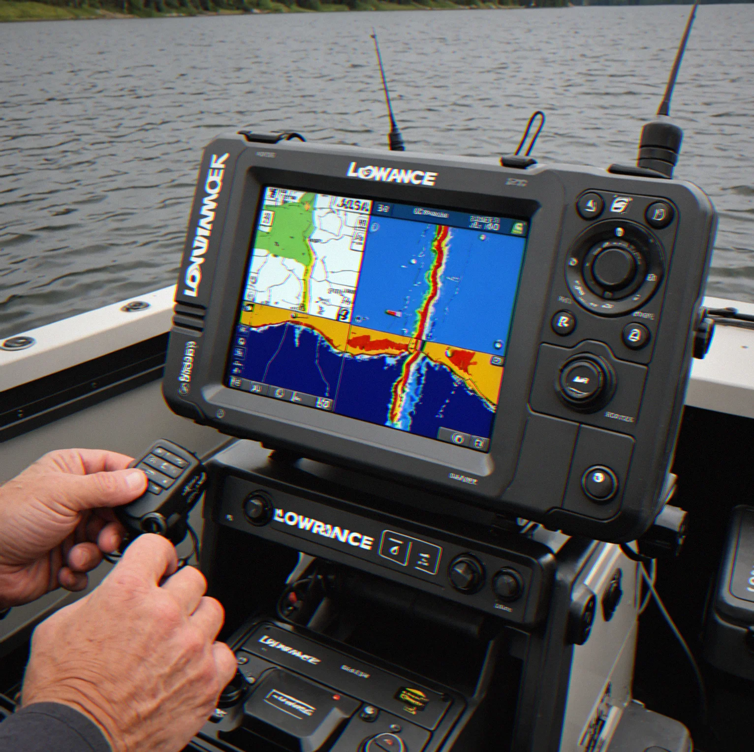Lowrance display mounted on the console showing the lake bottom with structure marked and previous catches noted