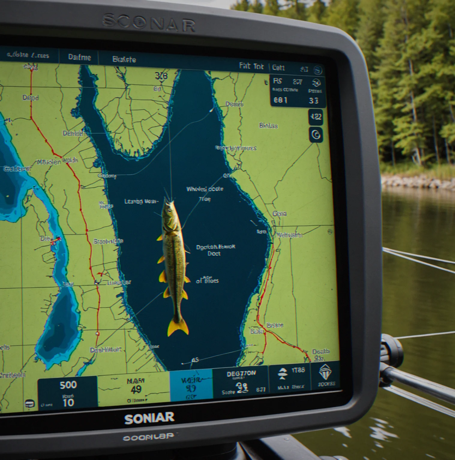 Sonar screen showing pike structure at a 28-foot drop-off on a lake map with GPS overlay