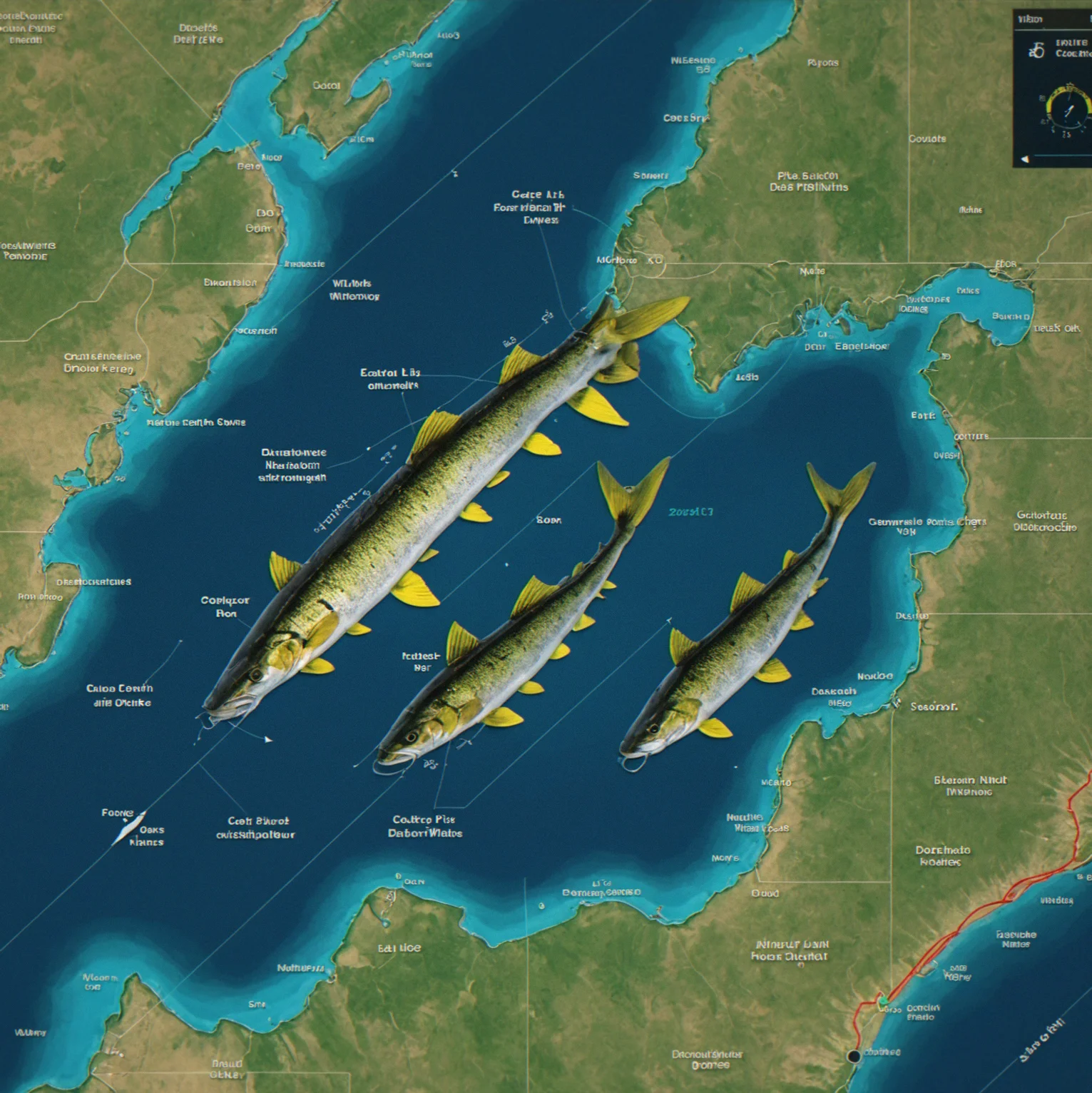 Sonar unit display showing integrated catch markers overlaid on bathymetric terrain map